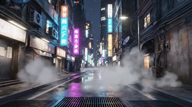 Steam rises from a grate in a dark, gritty futuristic city alley with neon signs