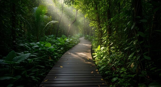 Soft sunlight filters through dense tropical foliage, illuminating a wooden pathway and creating a peaceful refreshing walk. - Powered by Adobe