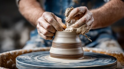 Artisan shaping a clay pot on a spinning wheel with detailed hands and textured clay in a creative pottery workshop environment, Generative AI