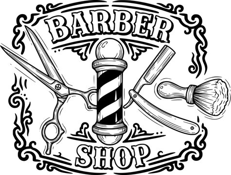 Vintage barber shop logo with scissors and razor in black and white  