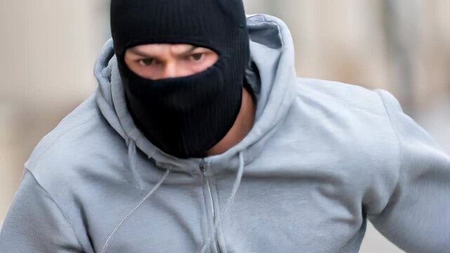 A masked criminal in a grey hoodie flees on foot, pursued by a blurred police officer in uniform.