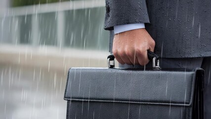 A professional close-up of a businessman in a suit, holding a briefcase, standing in heavy rain. Water droplets are visible on his suit and briefcase as rain falls. - Powered by Adobe