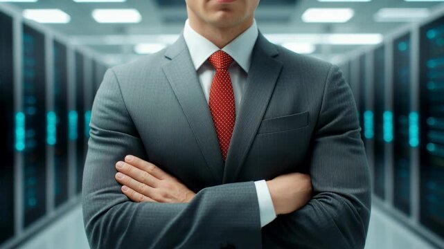 A professional man in a grey suit and red tie stands with arms crossed in a modern data center server room, signifying technology, security, and business expertise.