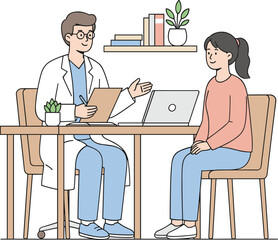 Cartoon healthcare consultation, doctor and patient, desk scene, clipboard notes, medical communication, vector illustration, hospital setting, wellness concept