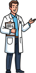 Cartoon medical professional, white lab coat, checklist clipboard, blue shirt, healthcare worker, vector illustration, hospital staff, wellness concept, presentation pose