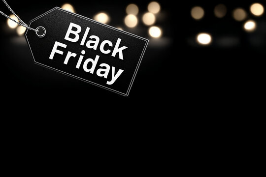 &Eacute;tiquette noire avec texte en anglais "Black Friday" suspendue sur fond noir bokeh  flare espace n&eacute;gatif copyspace pour visuel commercial promotionnel  soldes