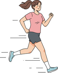 Cartoon runner character, pink shirt, dark shorts, blue shoes, motion lines, fitness activity, vector illustration, healthy lifestyle, running pose