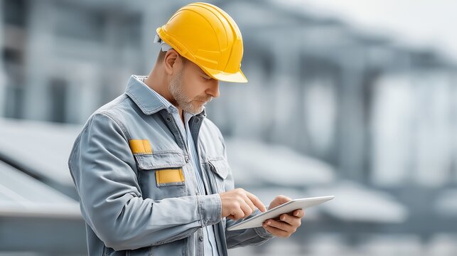 Solar technician using digital tablet for maintenance checks at renewable energy installation demonstrating modern field engineering workflow, Generative AI