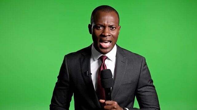 Smiling businessman holding microphone. African American man in suit and tie. Green screen background. News anchor or journalist. Professional male presenter. Studio lighting. Media personality. TV