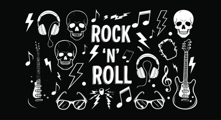 A collection of iconic rock 'n' roll symbols, including guitars, skulls, headphones, lightning bolts, and musical notes, presented in a white on black graphic style for a vintage, edgy aesthetic