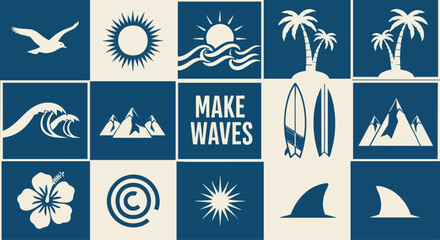 A collection of stylized blue and white vector icons representing summer, travel, surfing, and outdoor adventure themes