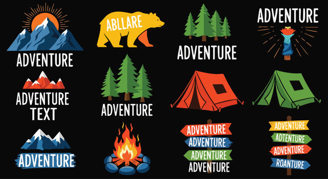 A collection of vibrant, flat-design vector graphics celebrating adventure and the outdoors