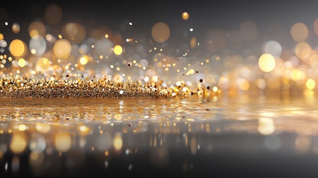 Golden glitter surface with sparkling particles and warm festive bokeh creating luxurious shimmering abstract celebration background, Generative AI