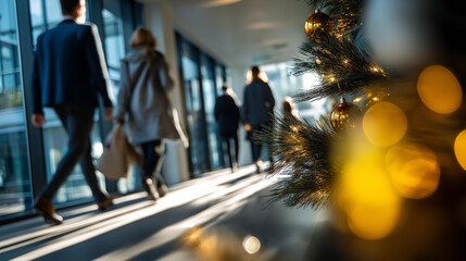 Defocused motion blur of people walking through bright workplace winter sunlight Christmas decorations catching light modern office corridor professional environment seasonal