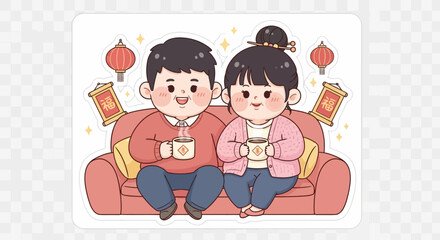 A cute cartoon couple celebrating Chinese New Year on a sofa with hot drinks.