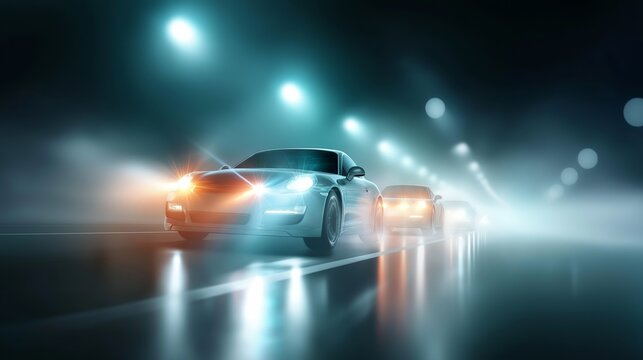 Cars driving through foggy night tunnel with glowing headlights and reflective wet road surface creating dramatic atmospheric traffic scenery, Generative AI