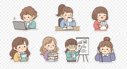 A charming collection of cute cartoon illustrations featuring women in various professional and academic activities.