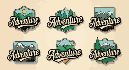 A set of six vintage outdoor adventure badges featuring mountains, trees, and script typography