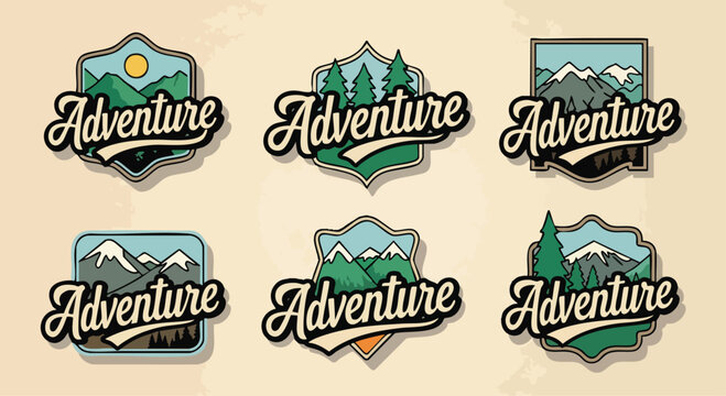A set of six vintage outdoor adventure badges featuring mountains, trees, and script typography