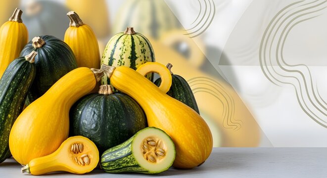 A group of various squash types displayed on a white surface