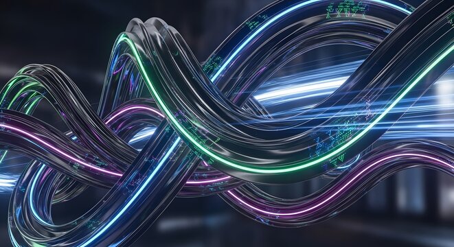 Entangled glossy cables with neon lights in a dark environment