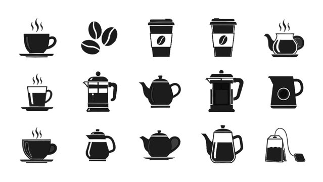 Vector illustration&nbsp;of collection of black icons representing coffee and tea beverages and accessories on a transparent background