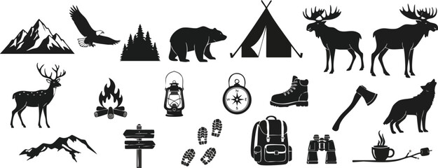 Camping and outdoor adventure vector illustrations. Set includes mountains, animals, tent, compass, hiking boots, axe, bonfire, sign, and more