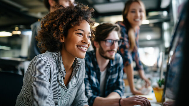 Young multi ethnic startup team on project collaboration winter light flooding space faceless professionals modern bright office Christmas season innovation contemporary co