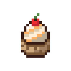 Pixel art cupcake icon with cherry. Vector illustration