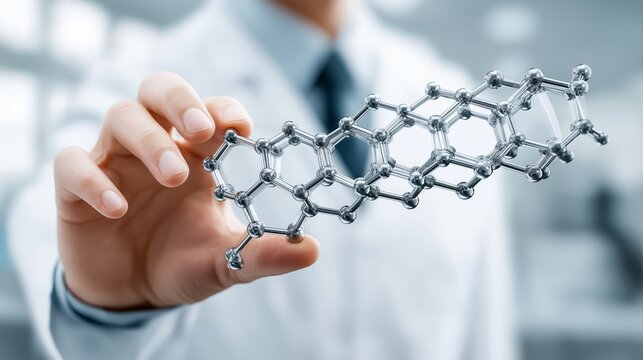 Scientist presenting metallic molecular lattice structure for advanced chemistry research and nanomaterial visualization in modern scientific environments, Generative AI