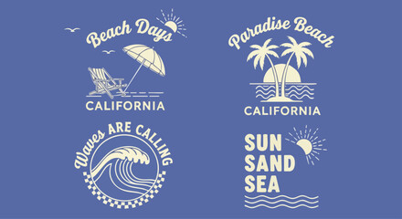Fototapeta premium Collection of four retro beach graphic designs featuring beach chairs, palm trees, and waves with text like 'Beach Days', 'Paradise Beach', 'Waves Are Calling', and 'Sun Sand Sea'