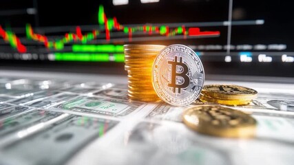 Bitcoin and Financial Growth: An artistic composition of digital currency against a backdrop of financial data, capturing the essence of modern finance and investment. - Powered by Adobe