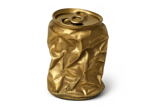Crushed golden aluminum can representing consumption, recycling, waste, and valuable resources with a transparent background