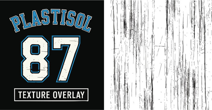 Distressed graphic design with a varsity-style number 87 and the word "PLASTISOL," paired with a grunge vertical line texture overlay for design applications