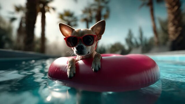 Dog with sunglasses on float, Small dog enjoying tropical sunny