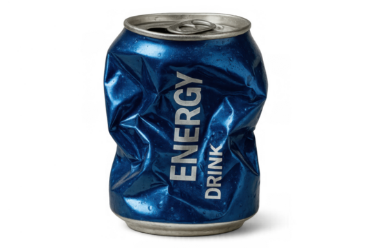 Crumpled blue energy drink can depicting consumption and solid waste management, ready for recycling on transparent background