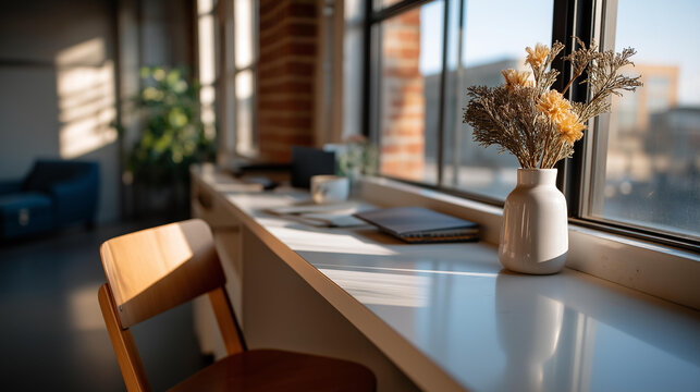 White open plan workspace corner with blank wall winter afternoon ambiance modern office interior mockup ready space minimal Christmas touches professional environment clean