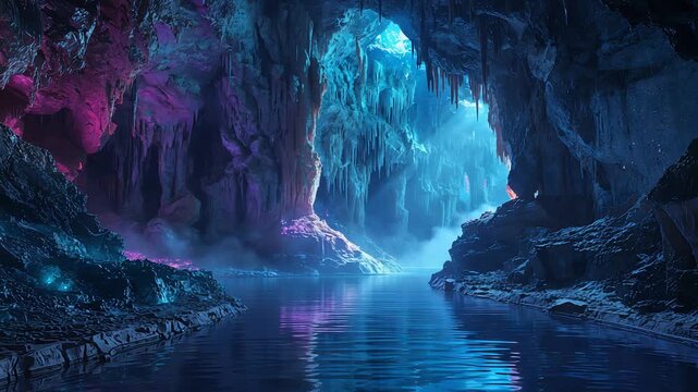 Violet pools beneath neon grotto with glowing moss and tranquil