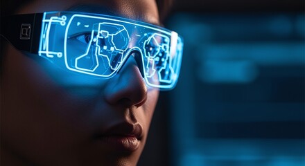 Close-up of a person wearing futuristic augmented reality glasses displaying complex digital interfaces, symbolizing technological advancement and immersive experiences in the digital realm