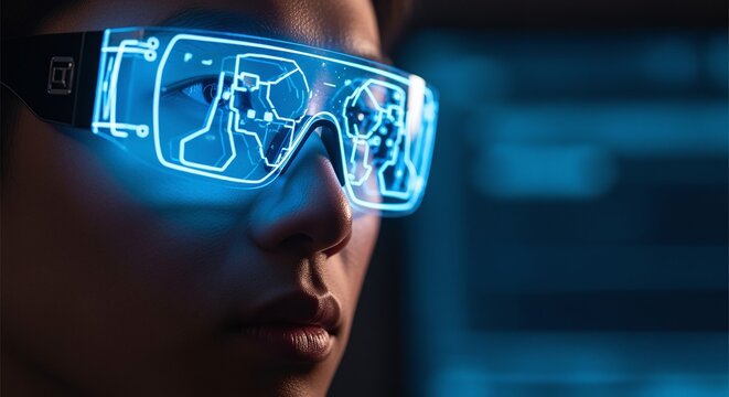 Close-up of a person wearing futuristic augmented reality glasses displaying complex digital interfaces, symbolizing technological advancement and immersive experiences in the digital realm - Powered by Adobe