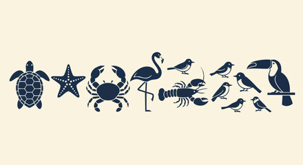 Obraz premium Minimalist vector silhouettes of diverse tropical and marine wildlife. Features sea creatures and exotic birds. Great for nature or travel design