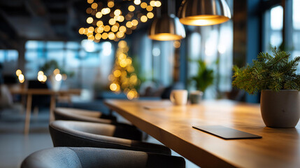 Defocused modern office interior for presentation background winter bokeh effect coworking space contemporary style Christmas lights creating ambiance corporate workspace prof