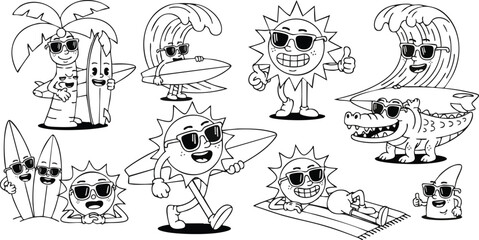 Retro cartoon characters, including suns, a palm tree, surfboards, waves, and an alligator, enjoy beach activities like surfing and sunbathing