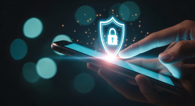 Cybersecurity concept Secure your mobile device with a fingerprint scan and padlock icon, symbolizing digital data protection and privacy