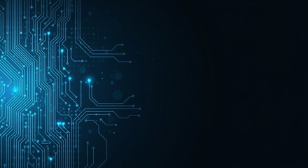 Abstract glowing blue circuit board pattern on a dark background, representing advanced technology, digital data flow, and futuristic innovation with interconnected nodes and pathways