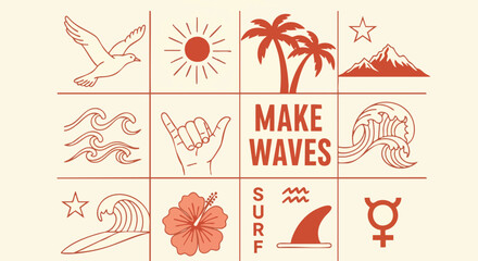 Retro summer illustration with various themed icons. Includes waves, surfboards, a shaka hand, mountains, palm trees, and more
