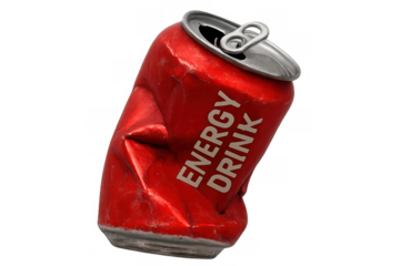 Crushed red energy drink can with energy drink text, depicting waste, recycling, and litter concepts on a transparent background