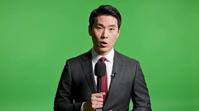 Asian man in suit holding microphone. Journalist or news anchor. Green screen background. Professional male reporter. TV presenter with mic. Media personality.