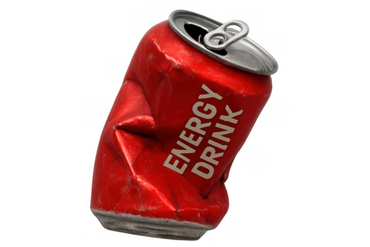 Crushed red energy drink can with energy drink text, depicting waste, recycling, and litter concepts on a transparent background - Powered by Adobe