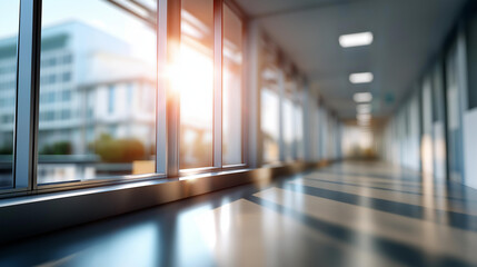 Blurred corridor with winter light streaming through windows healthcare or corporate facility clean professional environment minimal holiday decorations appropriate